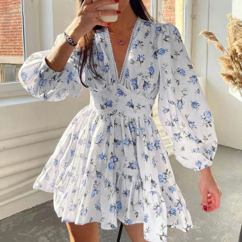 Womens Floral Puff Sleeve Mini Dress