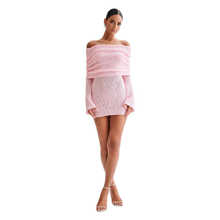 Women's Spring Summer Knitted Dress Elegant Party Boat Neck Dress