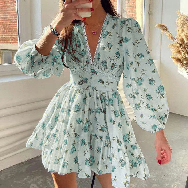 Womens Floral Puff Sleeve Mini Dress