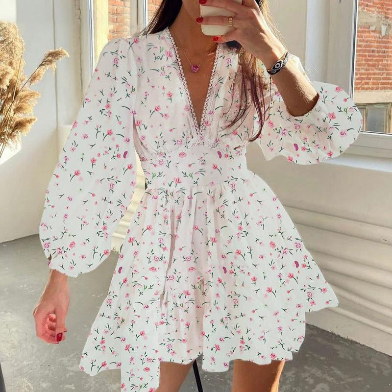 Womens Floral Puff Sleeve Mini Dress
