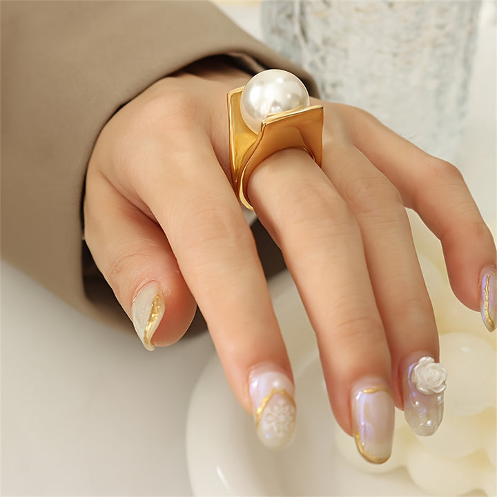 Elegant Geometric Faux Pearl Statement Ring