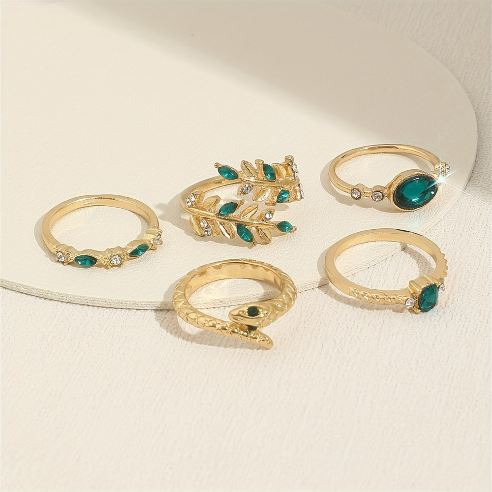 Elegant Leaf & Snake Design Rhinestone Stacking Rings Set