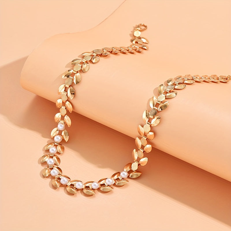 Pearl and Leave Wheat Spike Choker Necklace for Women