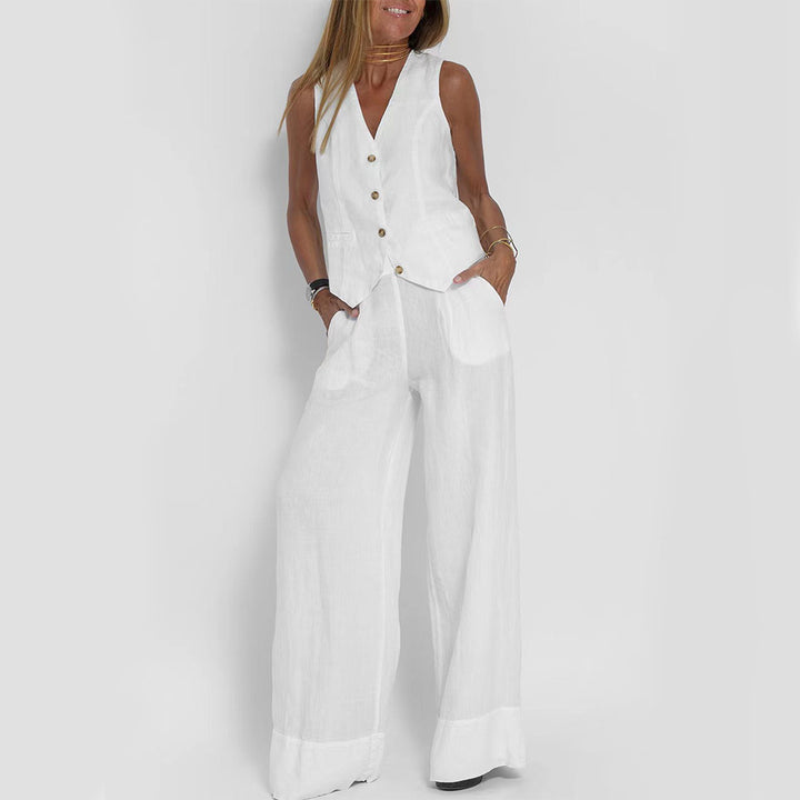Summer Vest Suits V-neck Bottom Sleeveless Top And Loose Straight Trousers