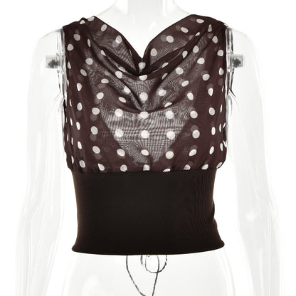 Polka Dots Print Oblique Shoulder Tops Summer Patchwork Chiffon Crop Top