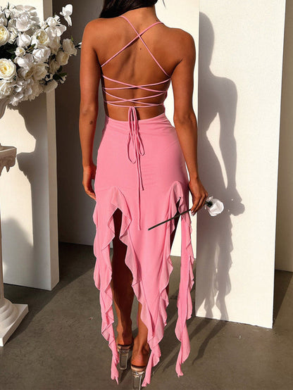 Sexy Suspender Tight Slim Skirt Fashion Split Ruffle Design Dress