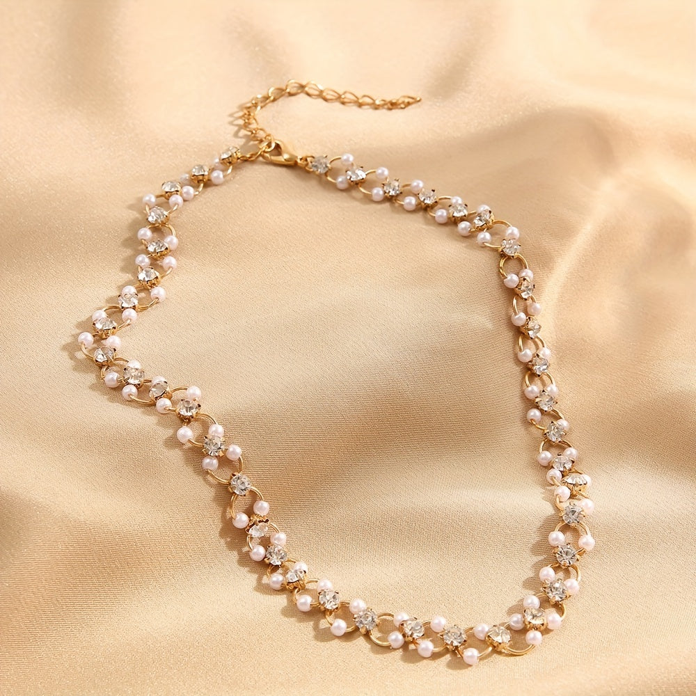 Unique Faux Pearl Inlaid Zirconia Choker Necklace