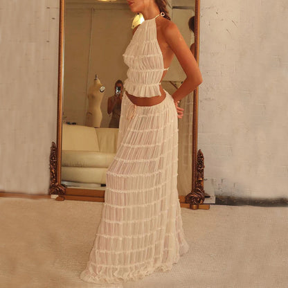 2pcs Women's Dress Suit Sexy Sleeveless Backless Cropped Halter Top
