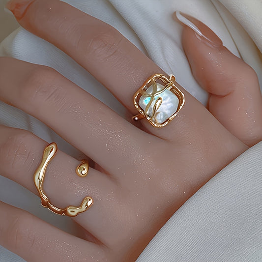 Elegant 2pcs Adjustable Faux Pearl Ring Set