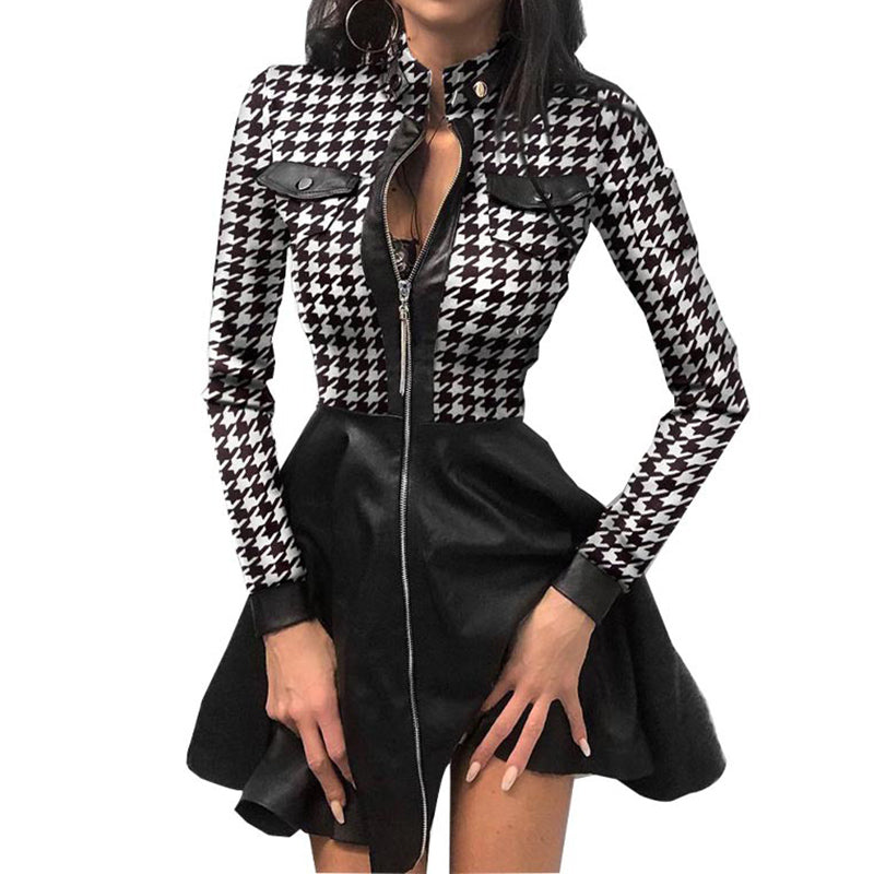Womens PU Leather Long Sleeve Mini Party Dress